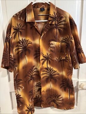 Vintage FC- Men's Tropical Palm Print Camp Shirt - Brown/Gold Size XL
